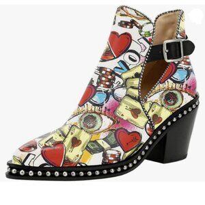 YDN Women Studded Mid Chunky Heeled Ankle Booties Pumps Closed Almond Toe Boots